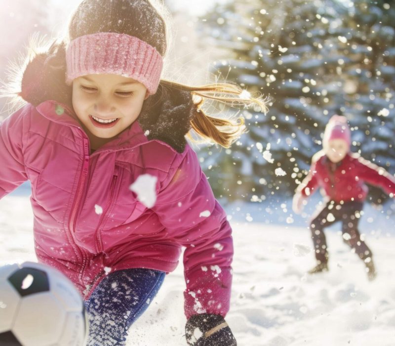 Young girl in pink coat and knitted hat joyfully playing in the snow with a soccer ball on a winter day. Concept of winter fun, childhood joy, outdoor activities.